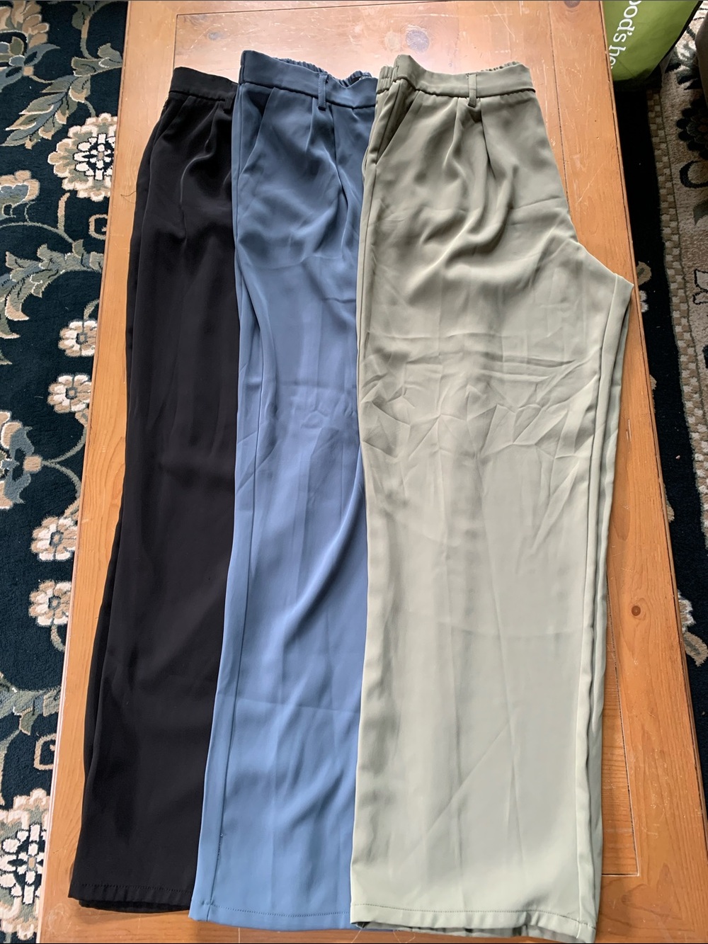 Rewash Wide-Leg Trousers in Black, Blue, Sage, three pairs